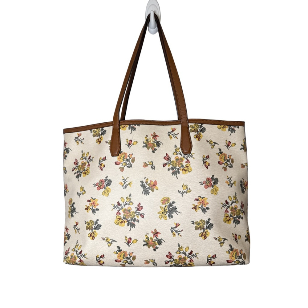 Tory Burch Kerrington Tote Large Rose Floral Coated Canvas Leather Logo